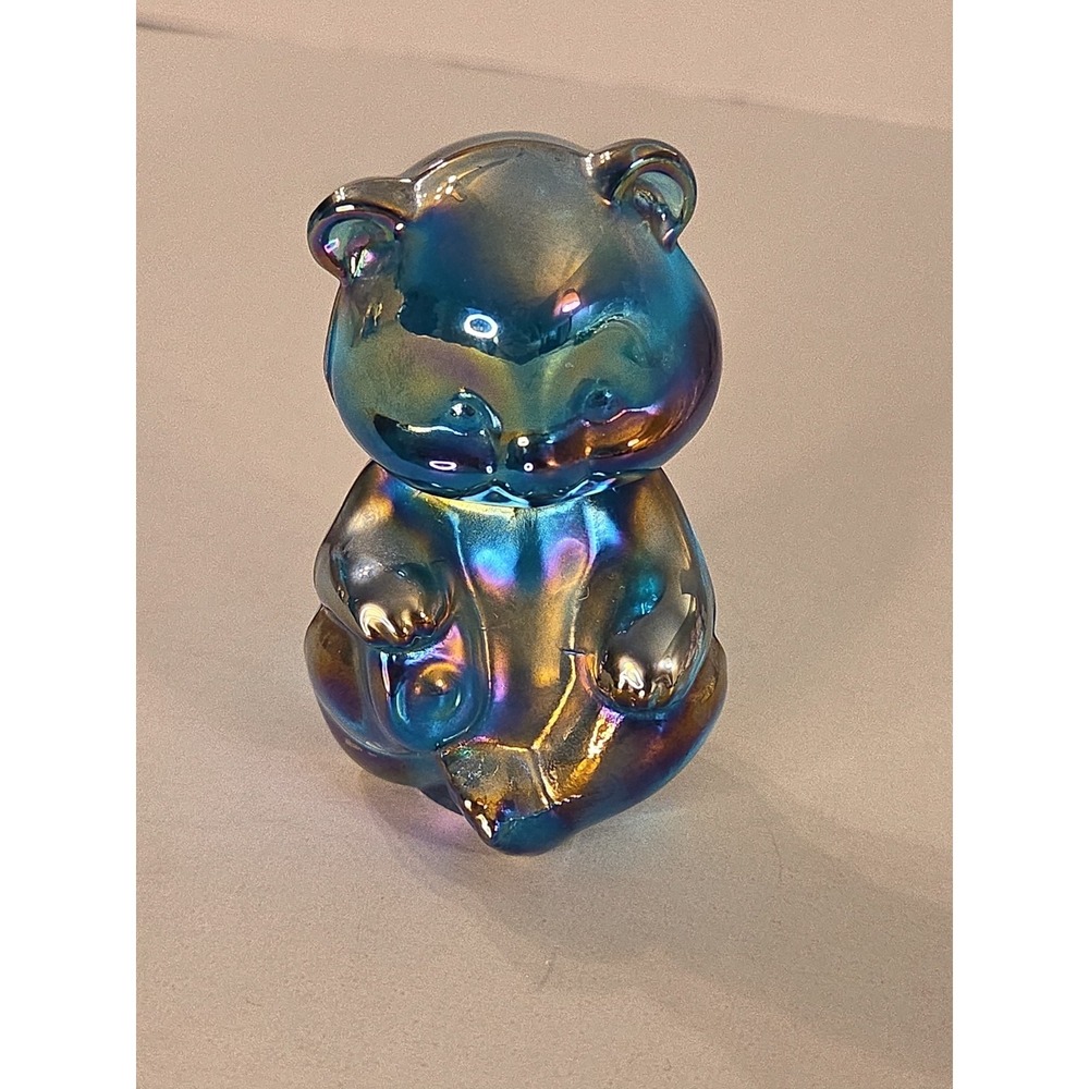 Fenton Bear Blue‎ Carnival Glass Sitting Iridiscent Glossy Figurine Art  3.75"